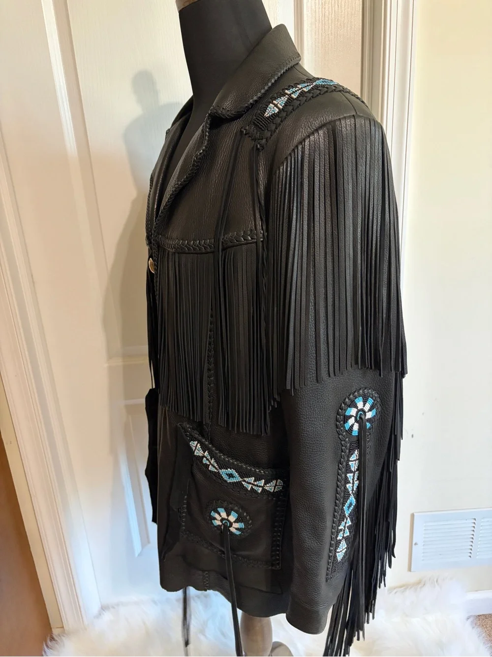 Arturo Arocha Black Leather Western Beaded Fringe Jacket 44